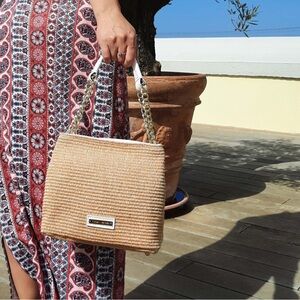 FARA Leather And Raffia Fiushia Handbag With Shoulder Strap Made in ITALY